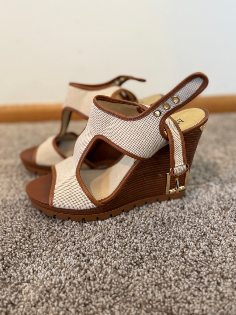 Michael Kors Collection Cream and Brown Wedge Sandals